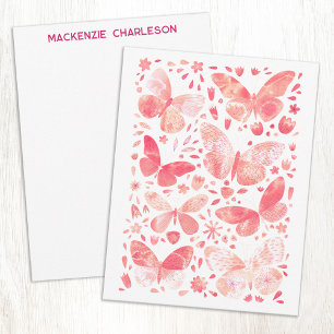 Pretty Watercolor Butterfly Pattern Coral Pink Note Card
