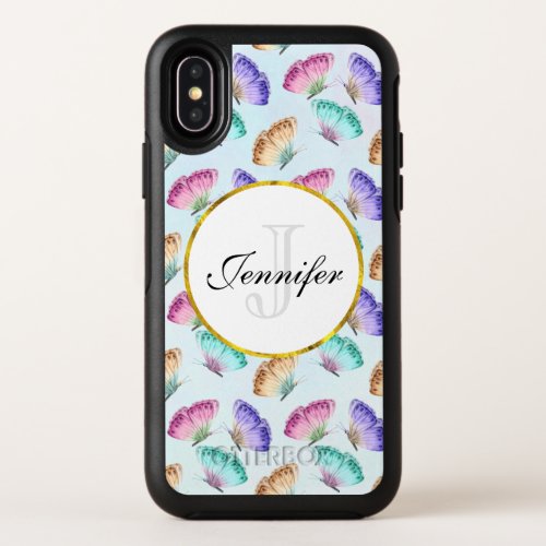 Pretty Watercolor Butterfly Pattern Monogram OtterBox Symmetry iPhone X Case