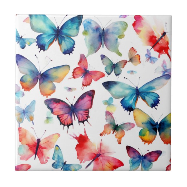 Pretty Watercolor Butterfly Rainbow Pattern Ceramic Tile (Front)