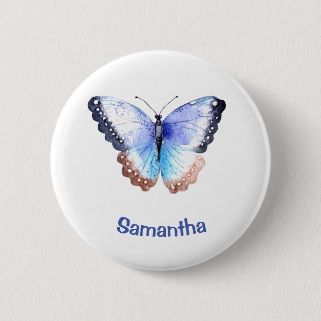 Pretty Watercolor Butterfly with Name Button (Front)