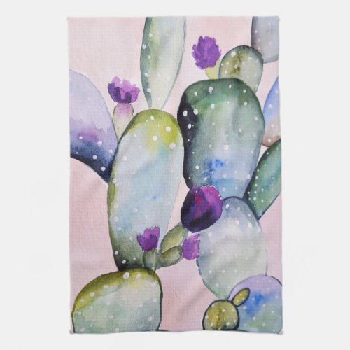 Pretty Watercolor Cactus  Blossoms Kitchen Towel