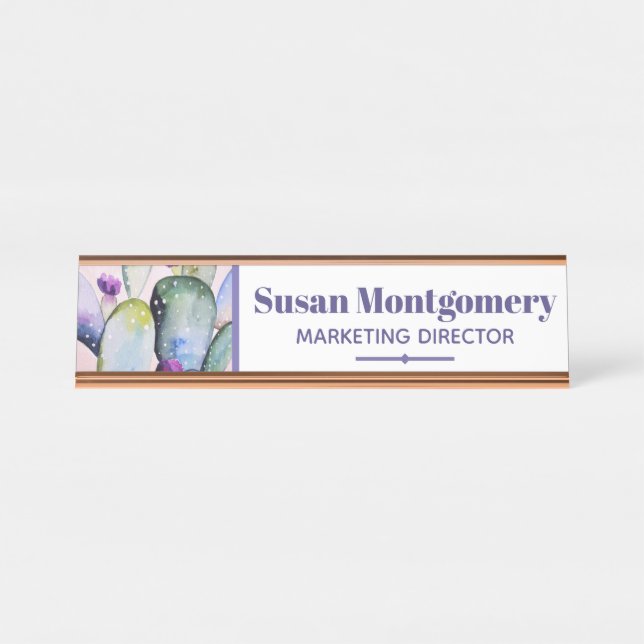 Pretty Watercolor Cactus & Blossoms | Personalized Desk Name Plate (Front)