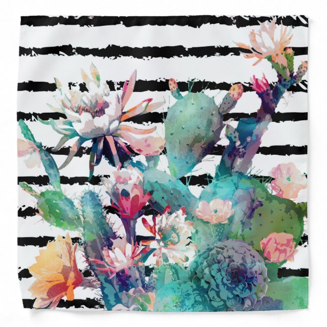 Pretty Watercolor Cactus Floral Black Stripes Bandana (Front)