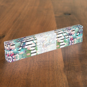 Pretty Watercolor Cactus Floral Black Stripes Desk Name Plate