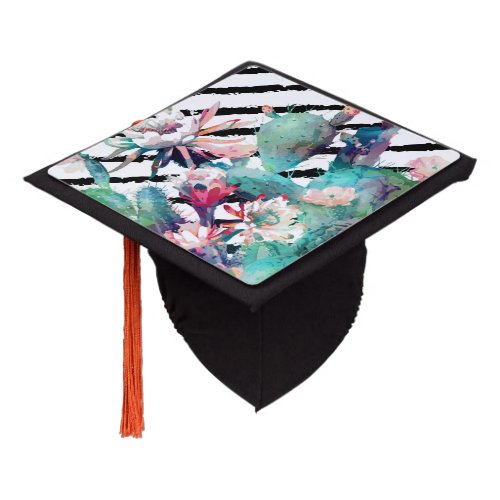 Pretty Watercolor Cactus Floral Black Stripes Graduation Cap Topper