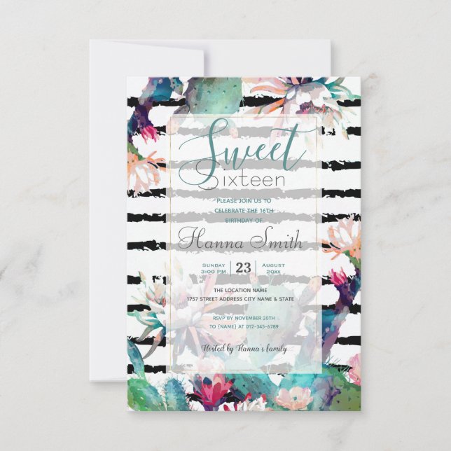 Pretty Watercolor Cactus Floral Black Stripes Invitation (Front)