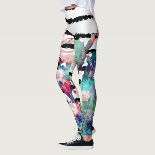 Pretty Watercolor Cactus Floral Black Stripes Leggings