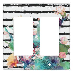Pretty Watercolor Cactus Floral Black Stripes Light Switch Cover