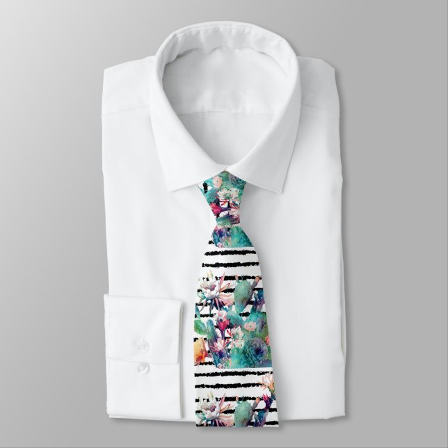 Pretty Watercolor Cactus Floral Black Stripes Neck Tie (Tied)