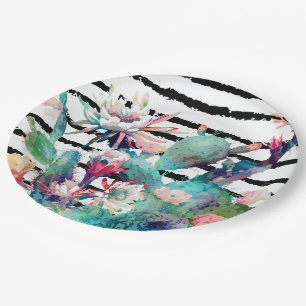 Pretty Watercolor Cactus Floral Black Stripes Paper Plates