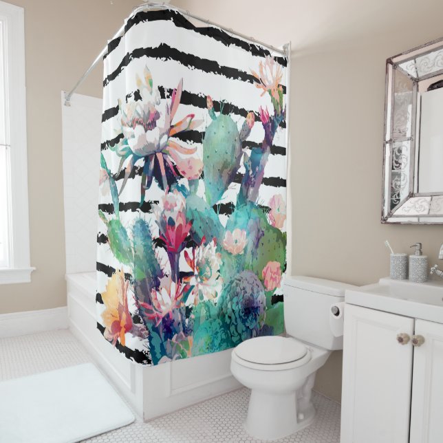 Pretty Watercolor Cactus Floral Black Stripes Shower Curtain (In Situ)