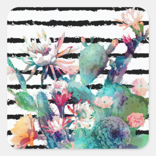 Pretty Watercolor Cactus Floral Black Stripes Square Sticker