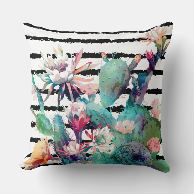 Pretty Watercolor Cactus Floral Black Stripes Throw Pillow (Front)