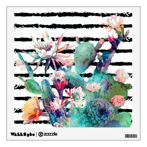 Pretty Watercolor Cactus Floral Black Stripes Wall Decal