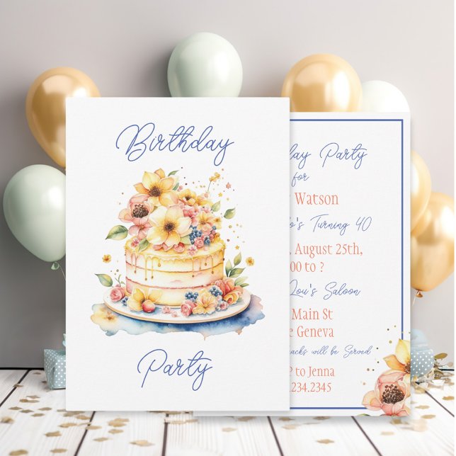 Pretty Watercolor Cake and Flowers Birthday Invitation (Creator Uploaded)
