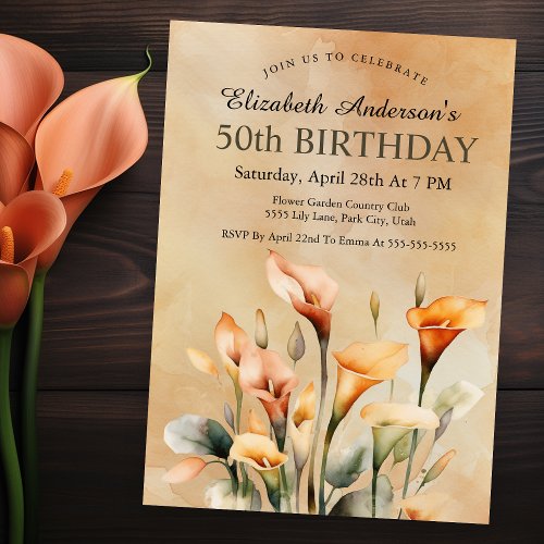 Pretty Watercolor Calla Lily 50th Birthday Invitation