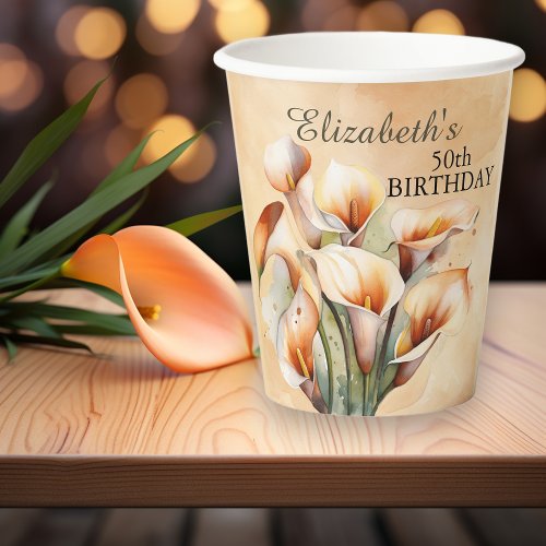 Pretty Watercolor Calla Lily 50th Birthday Paper Cups