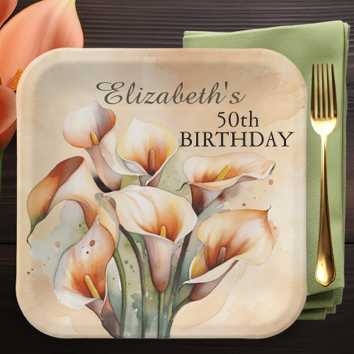 Pretty Watercolor Calla Lily 50th Birthday Paper Plates