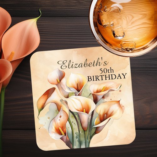 Pretty Watercolor Calla Lily 50th Birthday Square Paper Coaster