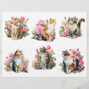 Pretty Watercolor Cats in a Pink Rose Patch