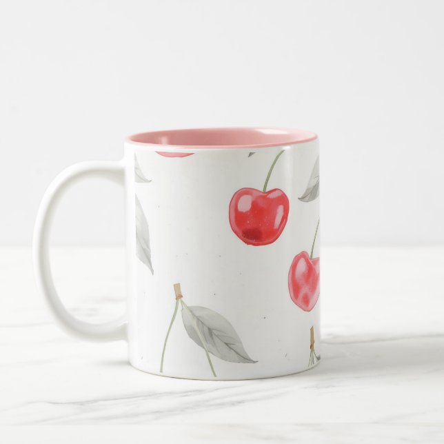 Pretty Watercolor cherry fruit Pattern Two-Tone Coffee Mug (Left)