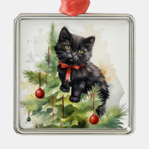 PRETTY WATERCOLOR CHRISTMAS BLACK CAT METAL ORNAMENT