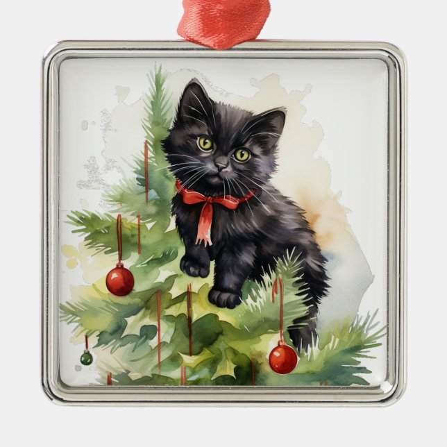 PRETTY WATERCOLOR CHRISTMAS BLACK CAT METAL ORNAMENT (Front)