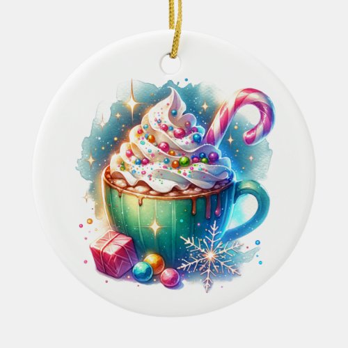 Pretty Watercolor Christmas Cup of Hot Cocoa Ceramic Ornament