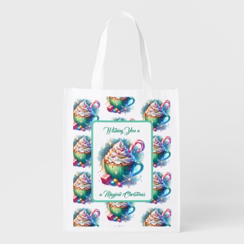 Pretty Watercolor Christmas Cup of Hot Cocoa Grocery Bag