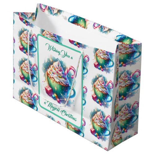 Pretty Watercolor Christmas Cup of Hot Cocoa Large Gift Bag