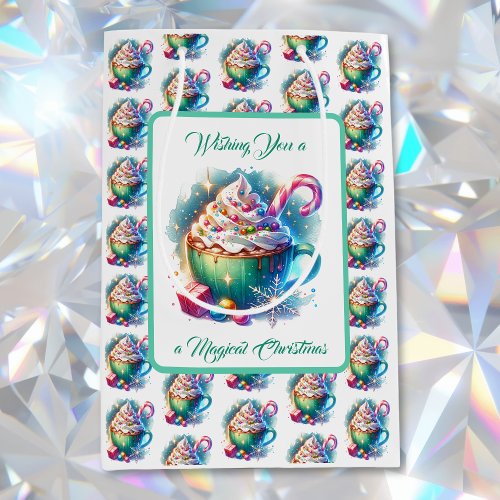 Pretty Watercolor Christmas Cup of Hot Cocoa Medium Gift Bag