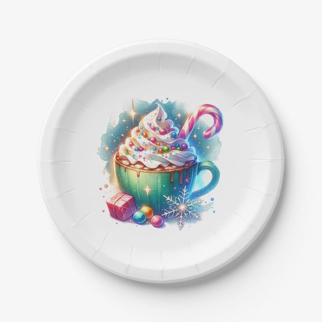 Pretty Watercolor Christmas Cup of Hot Cocoa Paper Plates (Front)