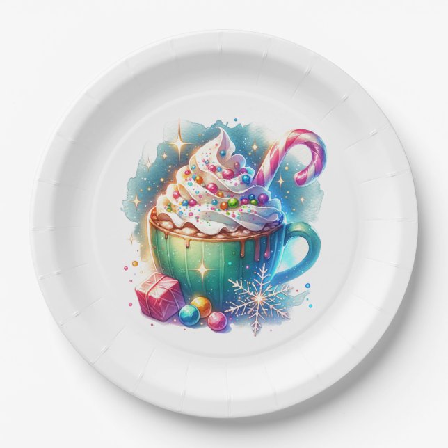 Pretty Watercolor Christmas Cup of Hot Cocoa Paper Plates (Front)