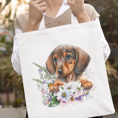 Pretty Watercolor Dachshund Puppy Floral  Tote Bag