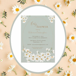 Pretty Watercolor Daisies Frame Sage Baby Shower Invitation