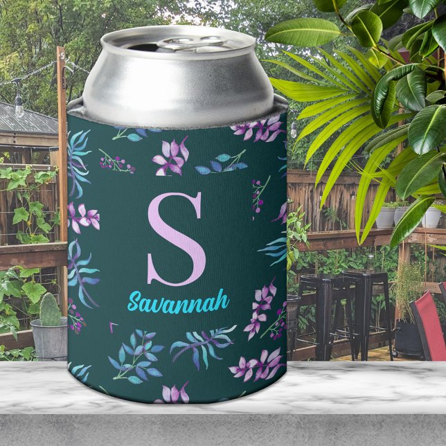 Pretty Watercolor Dark Floral Garden Personalized Can Cooler (Creator Uploaded)