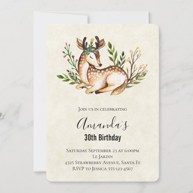 Pretty Watercolor Deer Laying Down Birthday Invitation (Front)