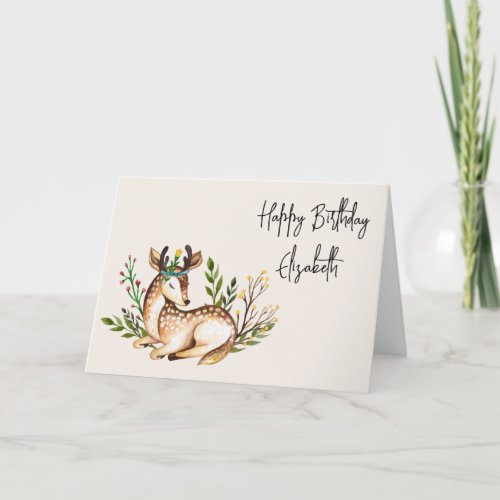 Pretty Watercolor Deer Laying Down Boho Birthday Card