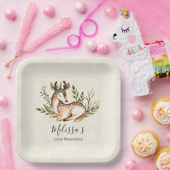 Pretty Watercolor Deer Laying Down Boho Birthday Paper Plates (Party)