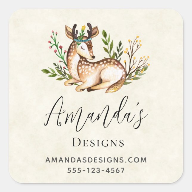 Pretty Watercolor Deer Laying Down Boho Business Square Sticker (Front)