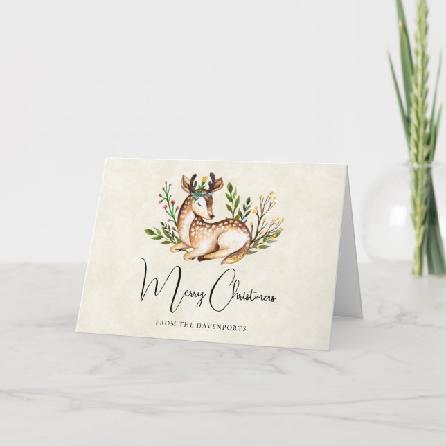 Pretty Watercolor Deer Laying Down Boho Christmas Card (Front)