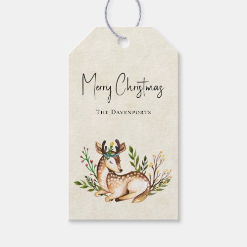 Pretty Watercolor Deer Laying Down Boho Christmas Gift Tags