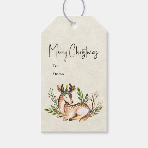 Pretty Watercolor Deer Laying Down Boho Christmas Gift Tags