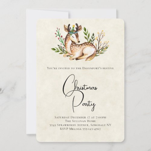 Pretty Watercolor Deer Laying Down Boho Christmas Invitation