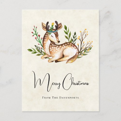 Pretty Watercolor Deer Laying Down Boho Christmas Postcard