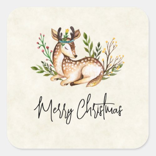 Pretty Watercolor Deer Laying Down Boho Christmas Square Sticker