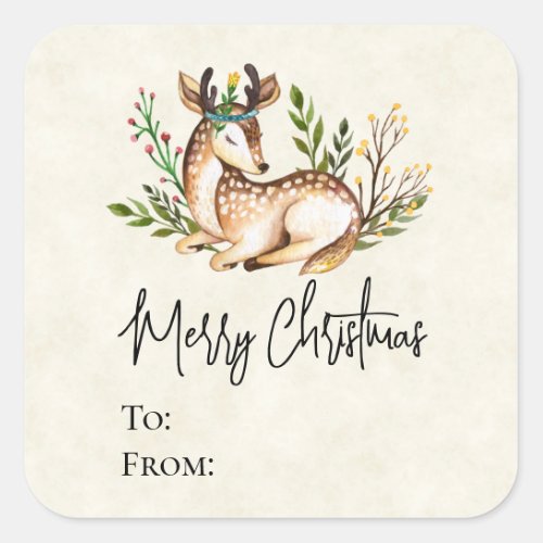 Pretty Watercolor Deer Laying Down Boho Christmas Square Sticker