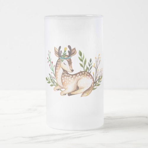 Pretty Watercolor Deer Laying Down Boho Frosted Glass Beer Mug