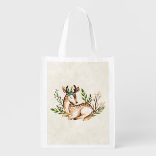 Pretty Watercolor Deer Laying Down Boho Grocery Bag