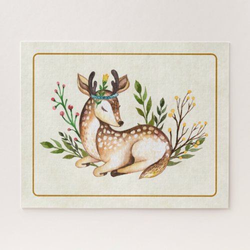 Pretty Watercolor Deer Laying Down Boho Jigsaw Puzzle